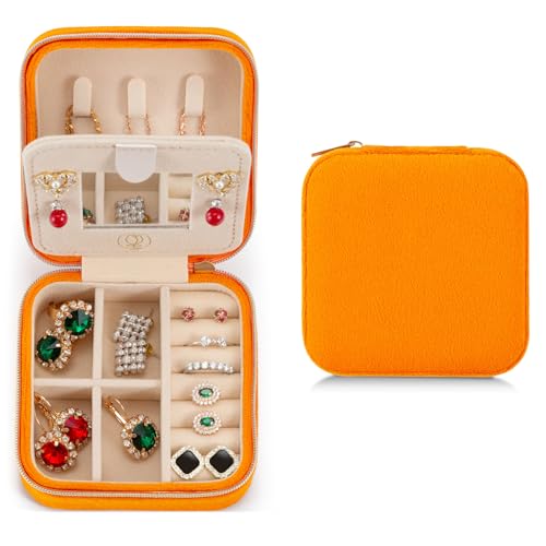 ZPROW Plush Velvet Travel Jewelry Case, Travel Jewelry Organizer, Jewelry Travel Case, Travel Jewelry Box, Small Jewelry Case, Jewelry Travel Box, Earring Organizer with Mirror - Orange - Image 1