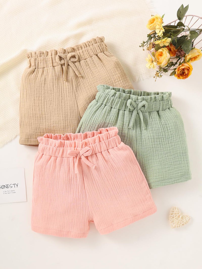 Yvowming 3 Pack Girls Shorts Pants Casual Linen Cotton Shorts for Toddler Girls Kids Summer Clothes (Ages 4-12) (US, Age, 11 Years, 12 Years, Multicolor) - Image 3