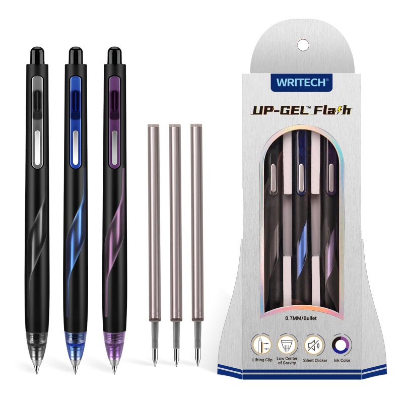 WRITECH Retractable Gel Ink Pens: Low Center of Gravity 0.7mm Multicolor Medium Point with Refills Silent Click No Smear Pen Black Blue Purple 3ct Up Gel Flash - Image 1