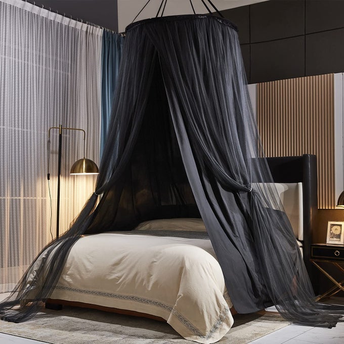LUXURIOUS BED CANOPY FOR GIRLS ADULTS DOUBLE LAYER PRINCESS CANOPY WITH LACE ROUND DOME MOSQUITO NETTING FOR QUEENKING BED TENT BLACK