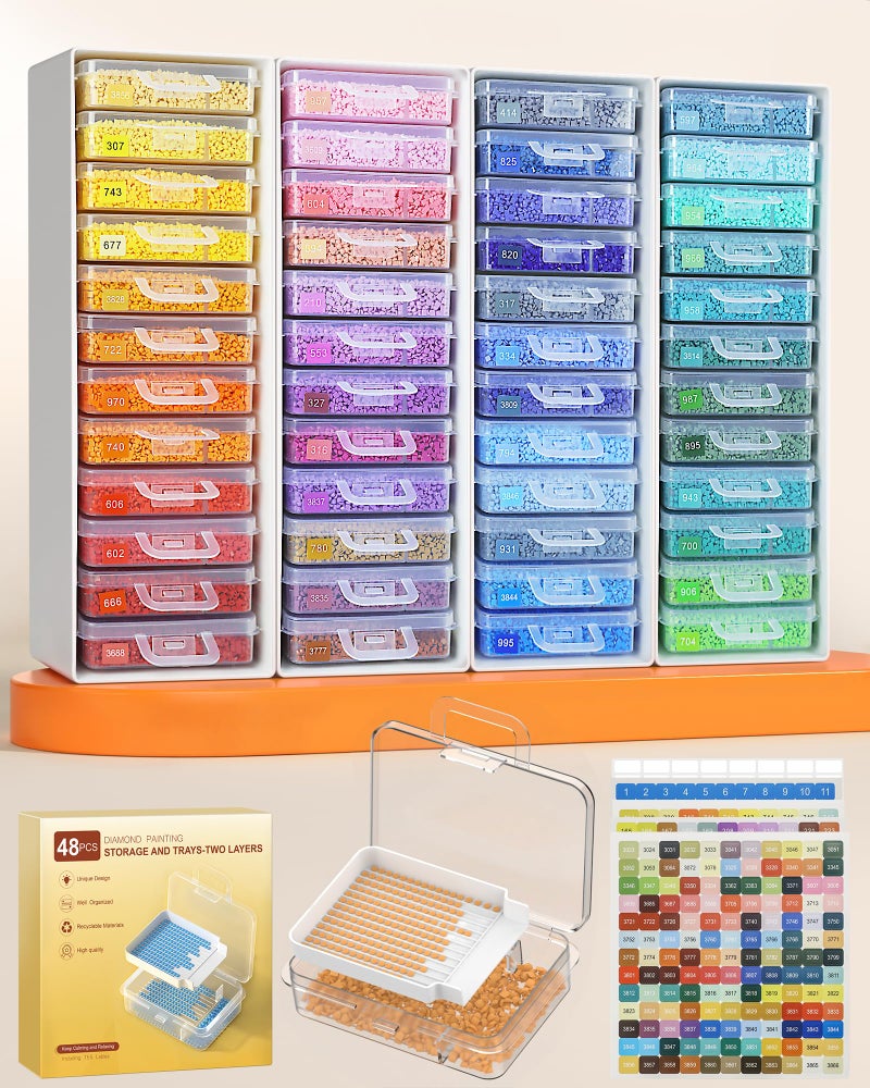Redtwo 48pcs Diamond Painting Storage Containers Trays with Two Layers, 3-in-1 Diamond Painting Trays with Lids, Diamond Art Accessories, Diamond Art Drills Storage & Line-Up - Image 1