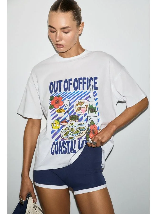 GRIMELANGE WUNA Women's Soft-Fabric 100% Organic Cotton Printed Detailed White T-Shirt.
