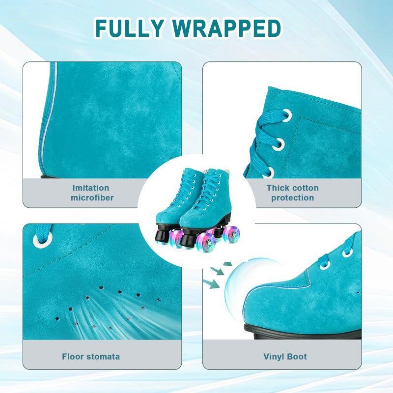 Silvertree Roller Skates for Women and Men, PU Leather High-top Adult Roller Derby Skates, Wheels Light Up, Unisex, Blue, Imitation Super Fiber - Image 4