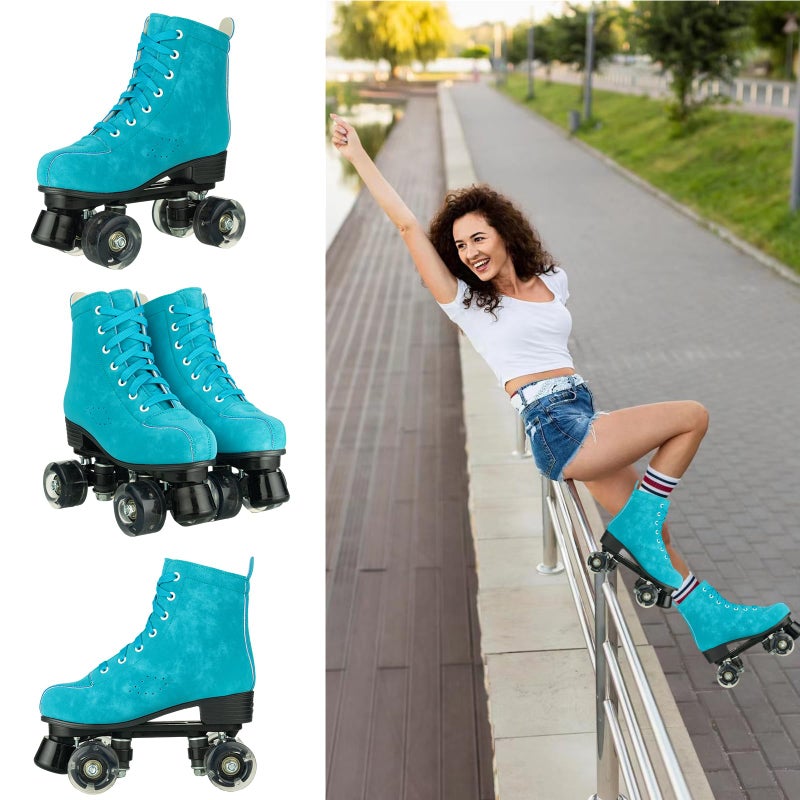 Silvertree Roller Skates for Women and Men, PU Leather High-top Adult Roller Derby Skates, Wheels Light Up, Unisex, Blue, Imitation Super Fiber - Image 2