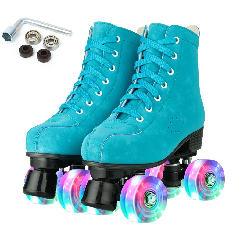 Silvertree Roller Skates for Women and Men, PU Leather High-top Adult Roller Derby Skates, Wheels Light Up, Unisex, Blue, Imitation Super Fiber - Image 1