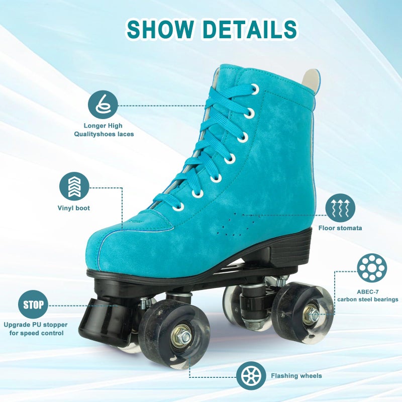 Silvertree Roller Skates for Women and Men, PU Leather High-top Adult Roller Derby Skates, Wheels Light Up, Unisex, Blue, Imitation Super Fiber - Image 3
