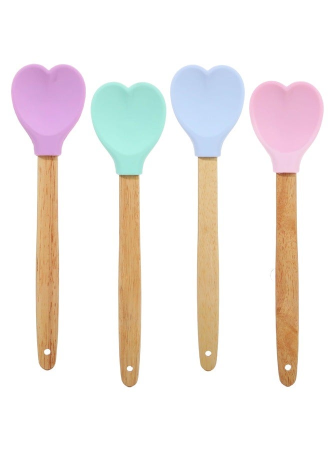 4 Pieces Valentine's Day Heart Shaped Spoons Silicone Spatulas with Wooden Handles for Serving Stirring Baking Kitchen Accessories  - Image 1