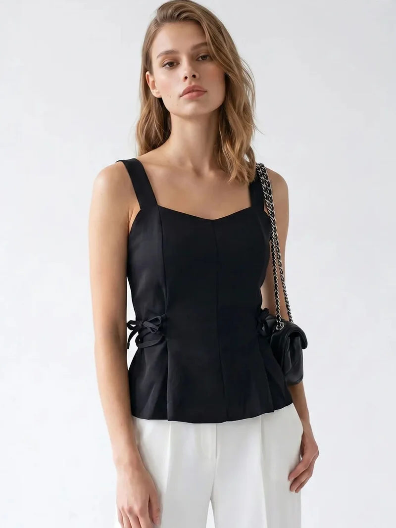 Mixray Black MIXRAY Sleeveless Square-Neck Peplum Blouse for Women | Best Price UAE