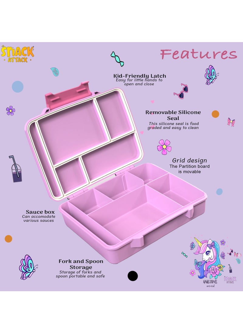 Snack attack Lunch Box for Kids School,Children Lunch Box with Compartments, Bento Box Children, Leak-proof Lunch Box for Girls and Boys, Snack Box, Perfect for School, Nursery & Trips (Pink Unicorn)  - Image 5