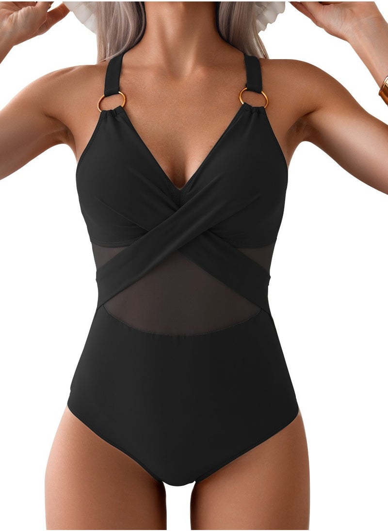 Generic - Women's Mesh Stitching One Piece Swimsuit V-Neck Metal Ring Straps Bathing Suits Black - Image 1