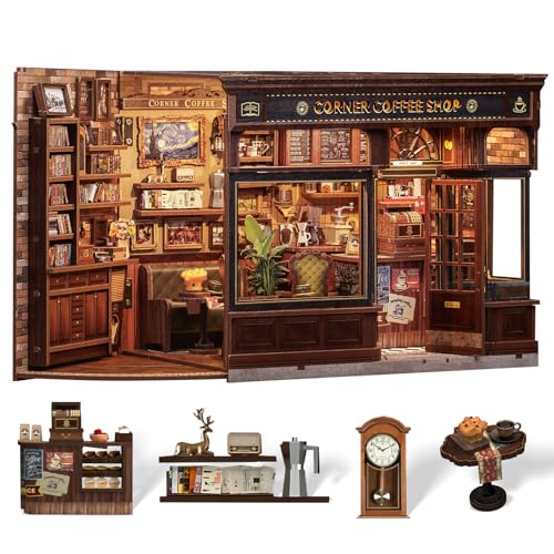 Cutefun Book Nook Kit - DIY Miniature Doll House Kit, Book Nook Kits for Adults, 3D Wooden Puzzle Bookend Bookshelf with LED Light for Cafe Crafts Lovers (Corner Coffee Shop) - Image 1