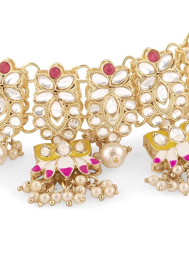 erorex Yellow And Pink Meenakari Lotus Drop Kundan Choker Necklace Earring And Ring Set For Women Zpfk13197  - Image 4