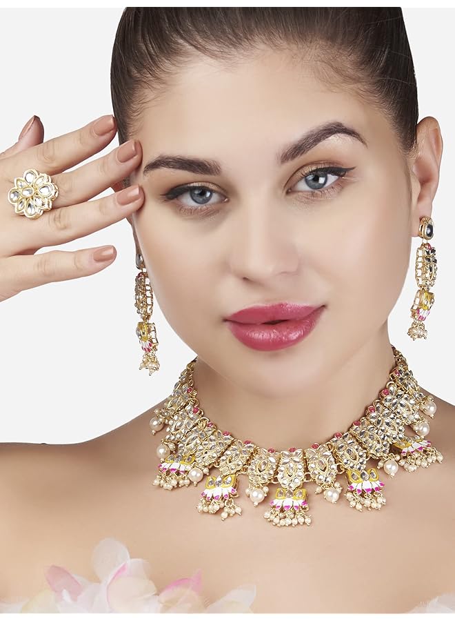 erorex Yellow And Pink Meenakari Lotus Drop Kundan Choker Necklace Earring And Ring Set For Women Zpfk13197  - Image 2
