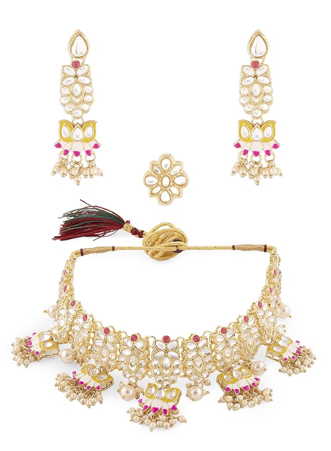 erorex Yellow And Pink Meenakari Lotus Drop Kundan Choker Necklace Earring And Ring Set For Women Zpfk13197  - Image 1