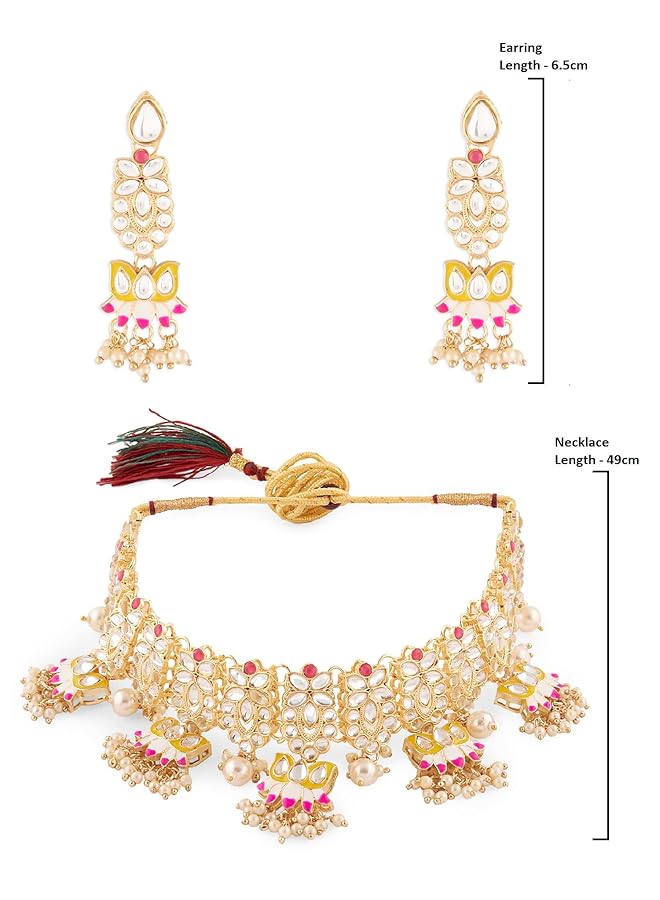 erorex Yellow And Pink Meenakari Lotus Drop Kundan Choker Necklace Earring And Ring Set For Women Zpfk13197  - Image 5