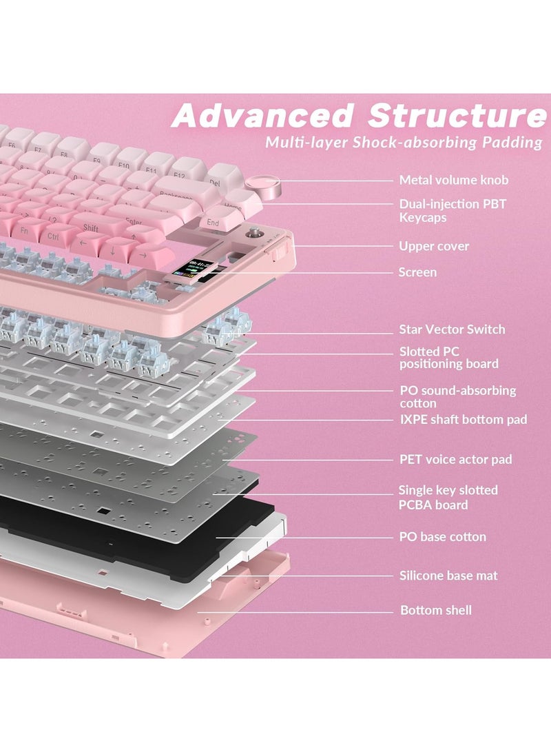 AULA S75 Pro Tri-Mode Wireless Mechanical Gaming Keyboard 75% Hot Swappable RGB Backlit Keyboard with Screen & Knob, Gray Wood V3 Switches, PBT Keycaps, Creamy Sound for PC/Laptop/Mac - Image 3