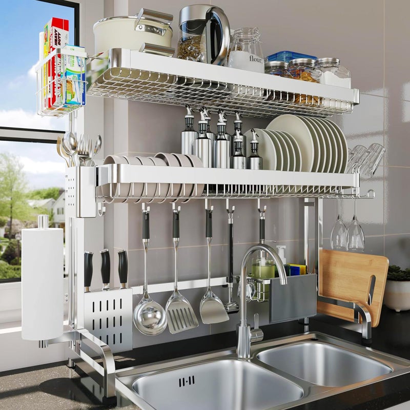 LIVOD Over The Sink Dish Drying Rack,3 Tier Adjustable Length Full Stainless Steel Large Storage Kitchen Dish Rack,for Kitchen Counter Expandable Multifunctional Organizers,Silver (25.5'' to 37.6'') - Image 1