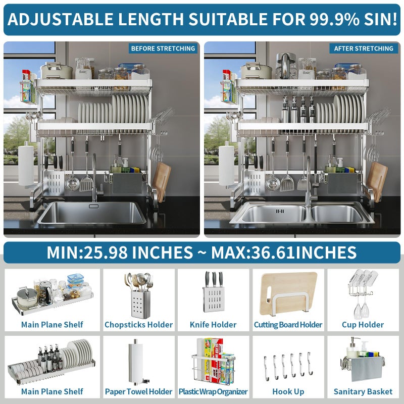 LIVOD Over The Sink Dish Drying Rack,3 Tier Adjustable Length Full Stainless Steel Large Storage Kitchen Dish Rack,for Kitchen Counter Expandable Multifunctional Organizers,Silver (25.5'' to 37.6'') - Image 3