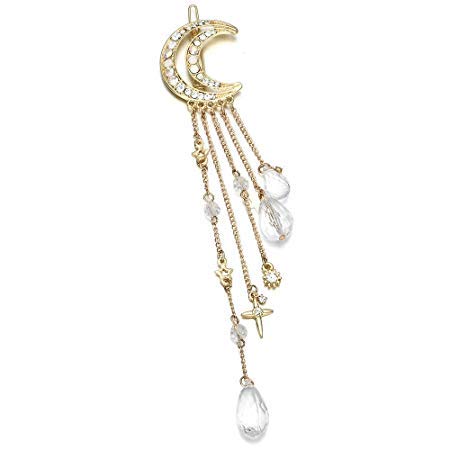 Queenland Romantic Crescent Moon Star Crystal Dangle Hairpin Rhinestone Beads Hair Clips Bridal Jewelry Tassel Drop Hair Pins Bobby Pins For Women Girls Hair Accessories (Gold) - Image 2