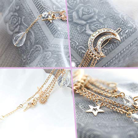 Queenland Romantic Crescent Moon Star Crystal Dangle Hairpin Rhinestone Beads Hair Clips Bridal Jewelry Tassel Drop Hair Pins Bobby Pins For Women Girls Hair Accessories (Gold) - Image 5