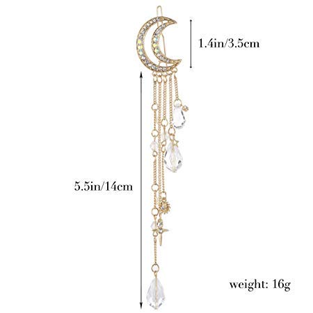 Queenland Romantic Crescent Moon Star Crystal Dangle Hairpin Rhinestone Beads Hair Clips Bridal Jewelry Tassel Drop Hair Pins Bobby Pins For Women Girls Hair Accessories (Gold) - Image 3