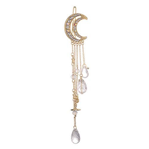 Queenland Romantic Crescent Moon Star Crystal Dangle Hairpin Rhinestone Beads Hair Clips Bridal Jewelry Tassel Drop Hair Pins Bobby Pins For Women Girls Hair Accessories (Gold) - Image 1