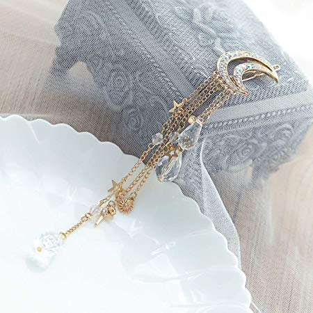 Queenland Romantic Crescent Moon Star Crystal Dangle Hairpin Rhinestone Beads Hair Clips Bridal Jewelry Tassel Drop Hair Pins Bobby Pins For Women Girls Hair Accessories (Gold) - Image 4