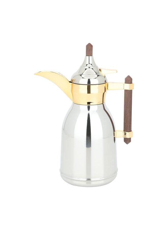 Alsaif Gallery Dallah Shahd Silver With Dark Wooden Handle Golden Mouth 0.6L  - Image 1