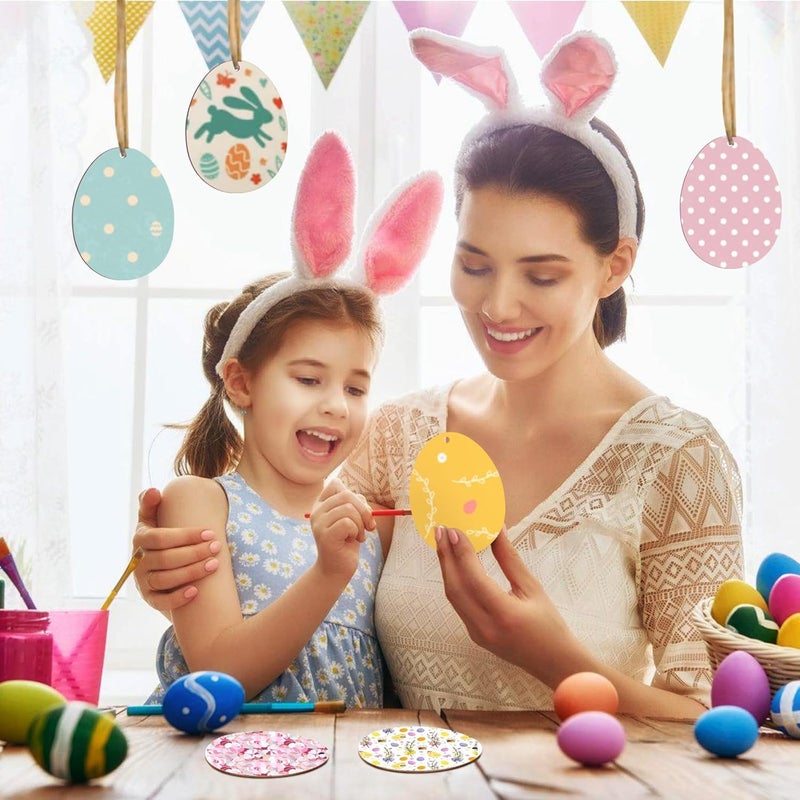 Tmflexe 50 Pcs Unfinished Paintable Blank Wooden Spring Festival Decoration Ornaments, Valetine's Day Easter St.Patrick Tree Hanging Wood Slices for Kids DIY Art Crafts, Hearts,Stars, Eggs, Flowers - Image 5