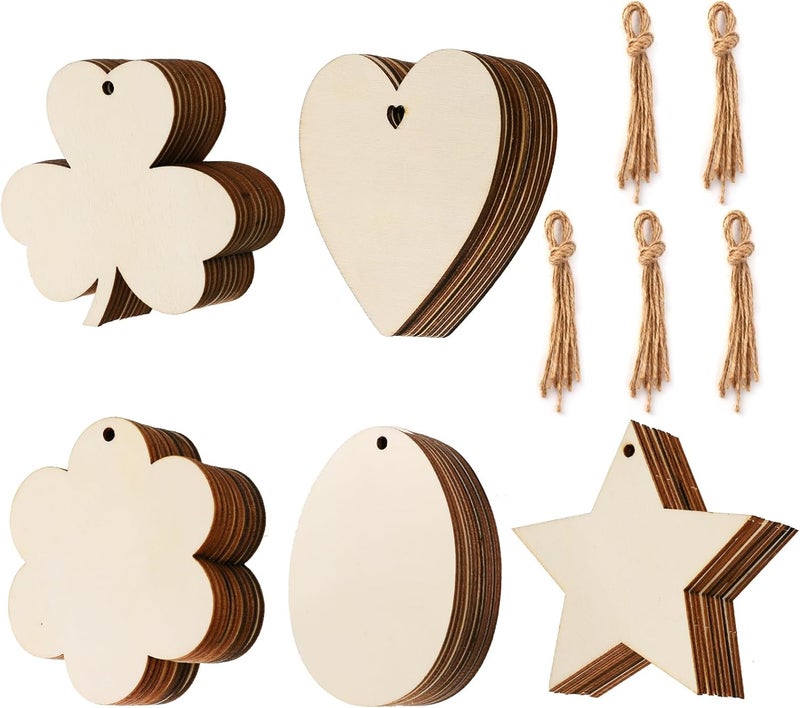 Tmflexe 50 Pcs Unfinished Paintable Blank Wooden Spring Festival Decoration Ornaments, Valetine's Day Easter St.Patrick Tree Hanging Wood Slices for Kids DIY Art Crafts, Hearts,Stars, Eggs, Flowers - Image 1