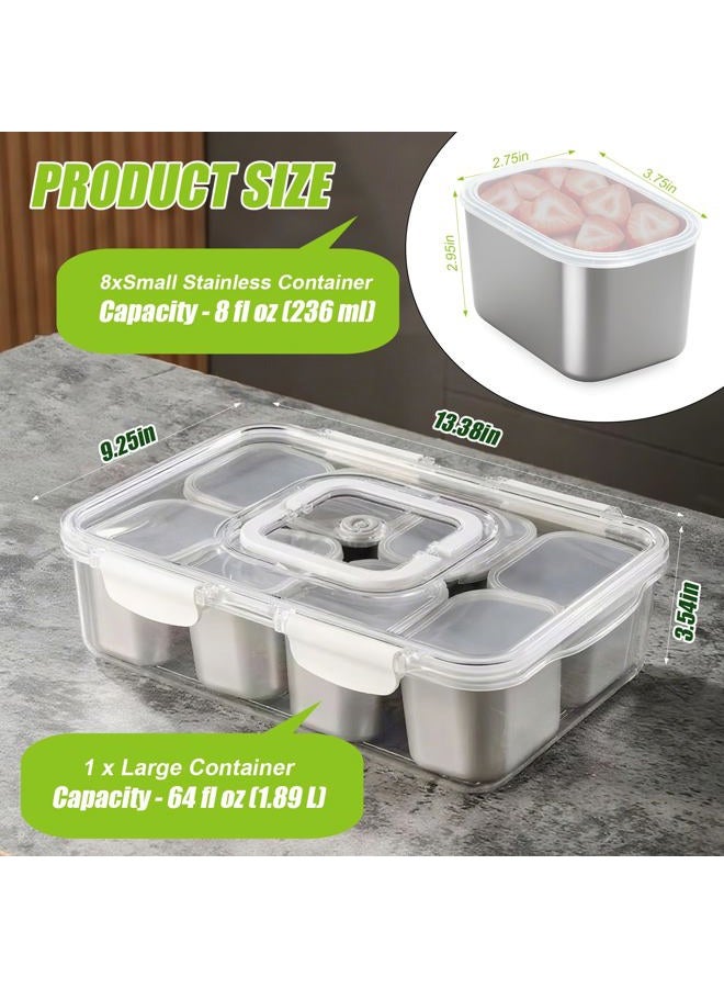 Solldgt Snackle Box Container Stainless Steel - Reusable 8 Compartment Divided Serving Tray with Lid and Handle, Clear Portable Snack Containers Platters Storage Organizer for Snacks Fruit Candy Veggie Nuts - Image 3