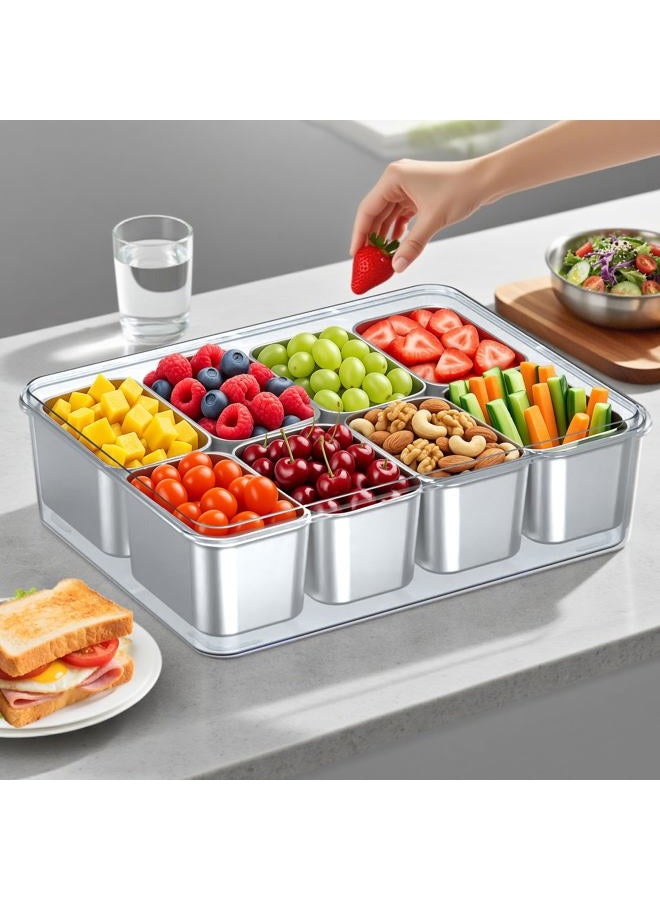 Solldgt Snackle Box Container Stainless Steel - Reusable 8 Compartment Divided Serving Tray with Lid and Handle, Clear Portable Snack Containers Platters Storage Organizer for Snacks Fruit Candy Veggie Nuts - Image 2
