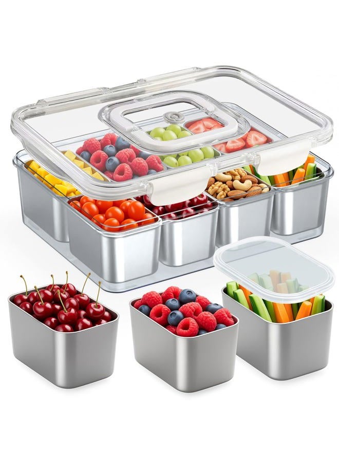 Solldgt Snackle Box Container Stainless Steel - Reusable 8 Compartment Divided Serving Tray with Lid and Handle, Clear Portable Snack Containers Platters Storage Organizer for Snacks Fruit Candy Veggie Nuts - Image 1