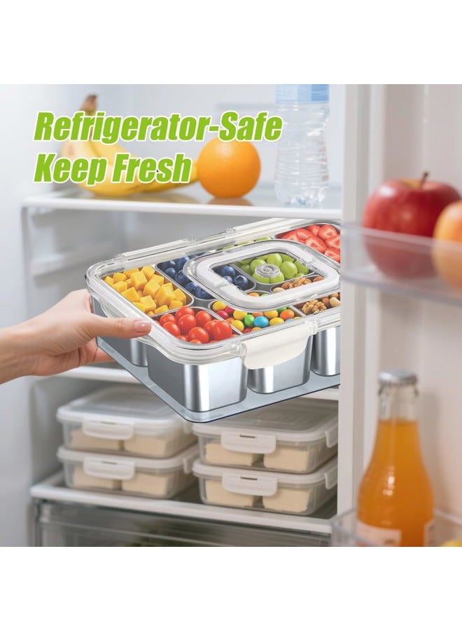Solldgt Snackle Box Container Stainless Steel - Reusable 8 Compartment Divided Serving Tray with Lid and Handle, Clear Portable Snack Containers Platters Storage Organizer for Snacks Fruit Candy Veggie Nuts - Image 5