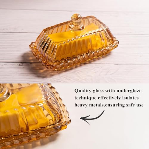 QIANCHANG Champagne Color Glass Butter Dish with Lid, Covered Butter Stick Holder Tray, Crystal Glass Butter Storage Container for Kitchen Countertop - Image 4