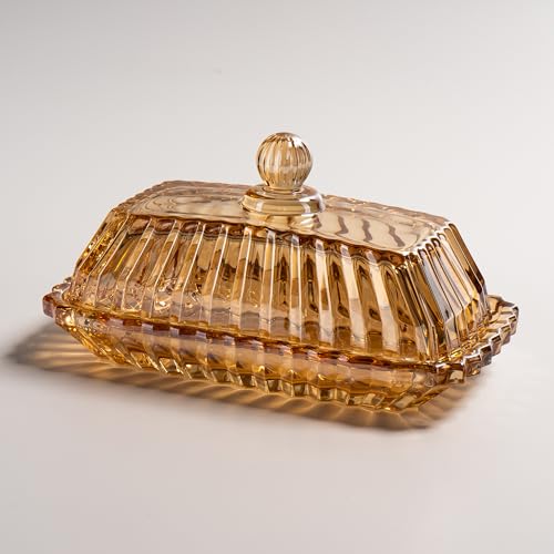 QIANCHANG Champagne Color Glass Butter Dish with Lid, Covered Butter Stick Holder Tray, Crystal Glass Butter Storage Container for Kitchen Countertop - Image 1