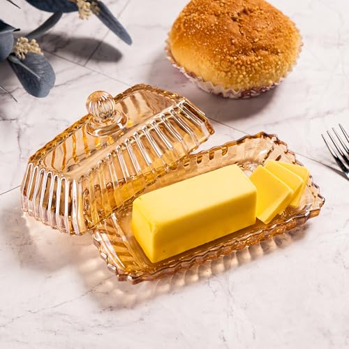 QIANCHANG Champagne Color Glass Butter Dish with Lid, Covered Butter Stick Holder Tray, Crystal Glass Butter Storage Container for Kitchen Countertop - Image 2