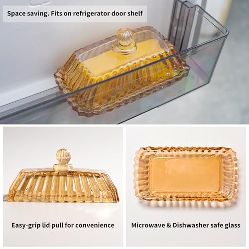 QIANCHANG Champagne Color Glass Butter Dish with Lid, Covered Butter Stick Holder Tray, Crystal Glass Butter Storage Container for Kitchen Countertop - Image 3