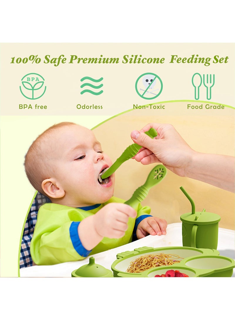 SOLARAE Silicone Baby Feeding Set, First Stage Baby Eating Set, Toddler Self Feeding Dish with Suction Bowl, Plate, Sippy Cup Spoons Forks and Adjustable Bib, Baby Led Weaning Supplies for 6+Months (Green) - Image 4
