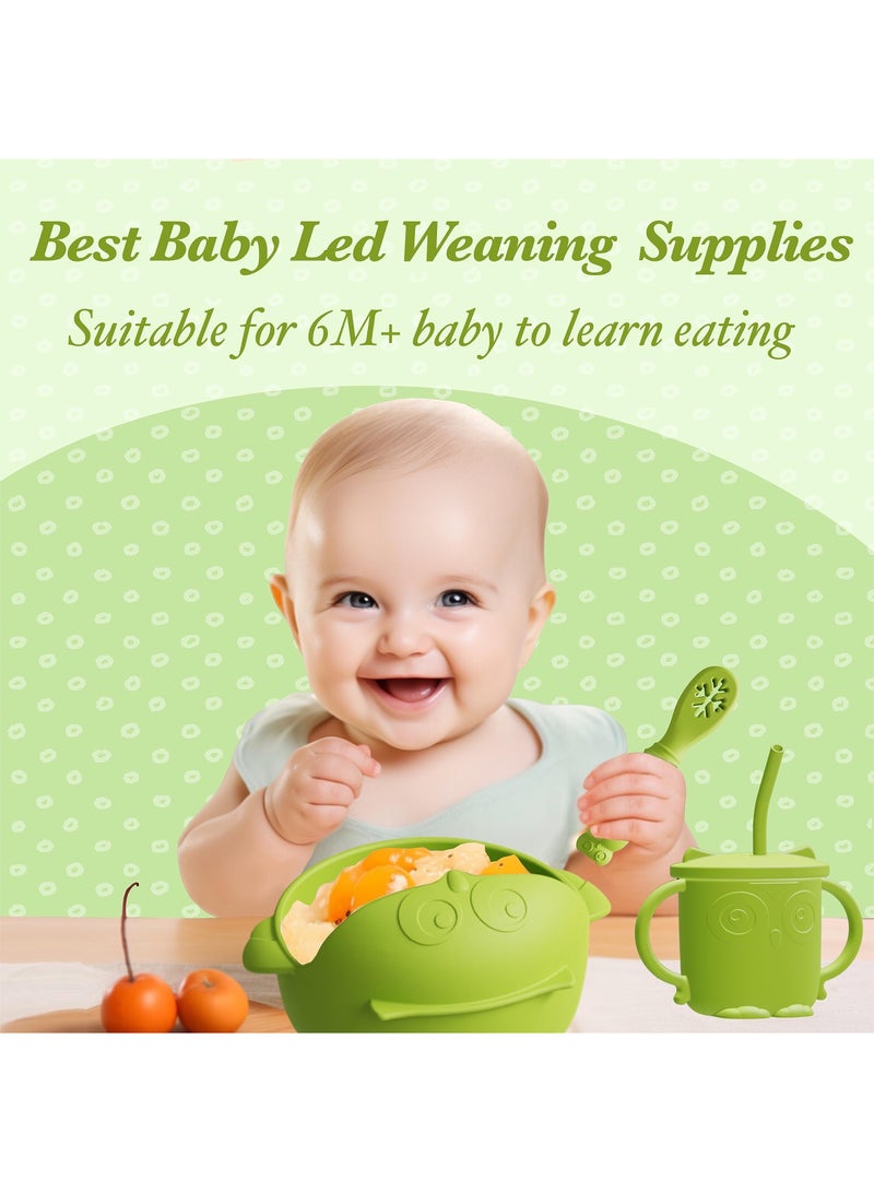 SOLARAE Silicone Baby Feeding Set, First Stage Baby Eating Set, Toddler Self Feeding Dish with Suction Bowl, Plate, Sippy Cup Spoons Forks and Adjustable Bib, Baby Led Weaning Supplies for 6+Months (Green) - Image 2
