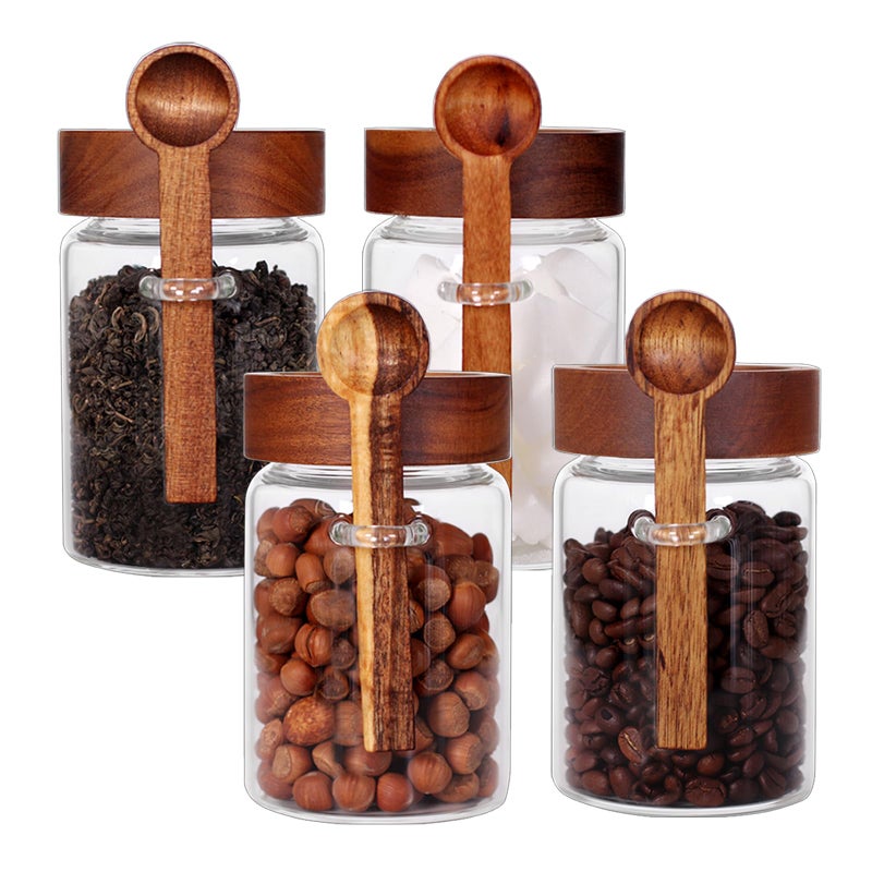 SAIOOL Loose Leaf Tea Storage Canister Set, 4 Pieces 16 OZ Glass Tea Containers with Wooden Lids and Spoons for Loose Tea, Coffee, Sugar, Oatmeal, Herbs (Tea Canisters) - Image 1
