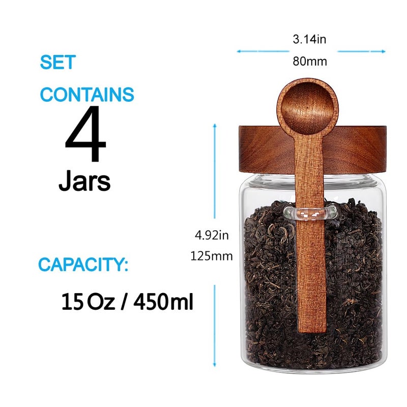 SAIOOL Loose Leaf Tea Storage Canister Set, 4 Pieces 16 OZ Glass Tea Containers with Wooden Lids and Spoons for Loose Tea, Coffee, Sugar, Oatmeal, Herbs (Tea Canisters) - Image 3