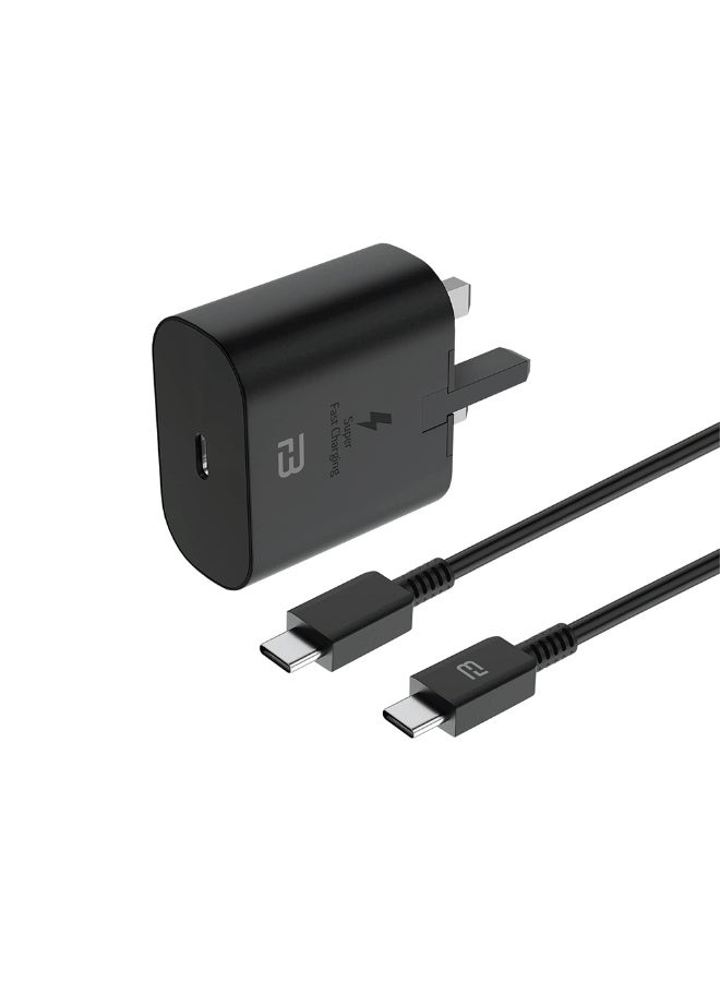 BRIZLER 25W PD Fast Charger Adapter with USB-C to USB-C Cable, Super Fast Charging Wall Plug for Samsung, iPhone, Android - UK 3-Pin, Black - Image 1