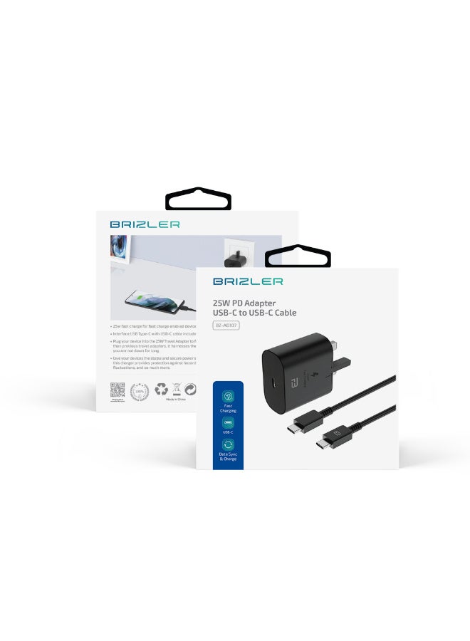 BRIZLER 25W PD Fast Charger Adapter with USB-C to USB-C Cable, Super Fast Charging Wall Plug for Samsung, iPhone, Android - UK 3-Pin, Black - Image 5