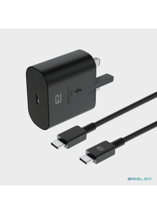 بريزلر شاحن سريع PD بقوة 25 واط مع كابل USB-C إلى USB-C، قابس حائط للشحن فائق السرعة لأجهزة سامسونج، آيفون، وأندرويد - ثلاثي الأطراف (بريطاني)، أسود - Image 1