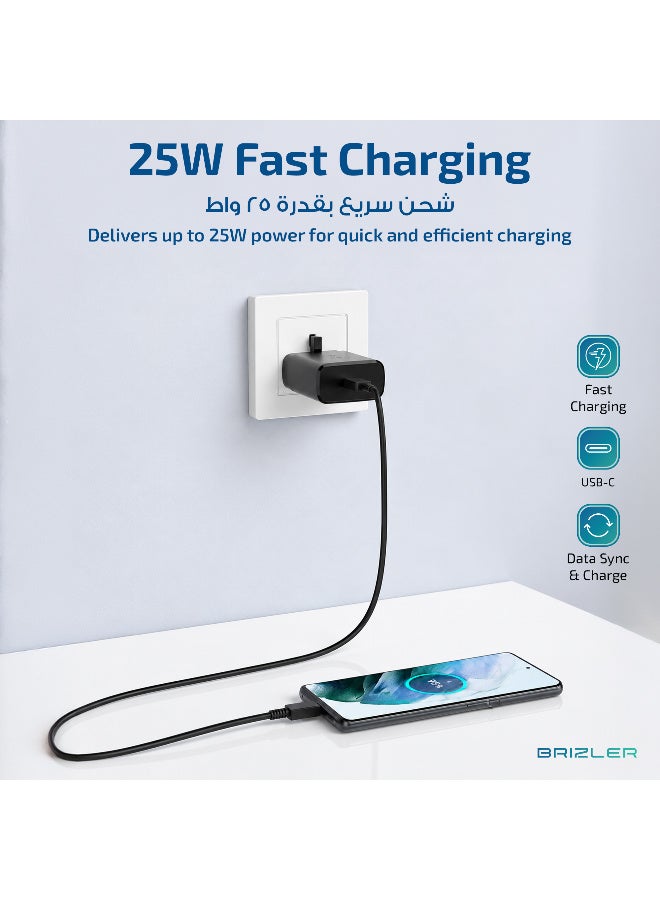 بريزلر شاحن سريع PD بقوة 25 واط مع كابل USB-C إلى USB-C، قابس حائط للشحن فائق السرعة لأجهزة سامسونج، آيفون، وأندرويد - ثلاثي الأطراف (بريطاني)، أسود - Image 3