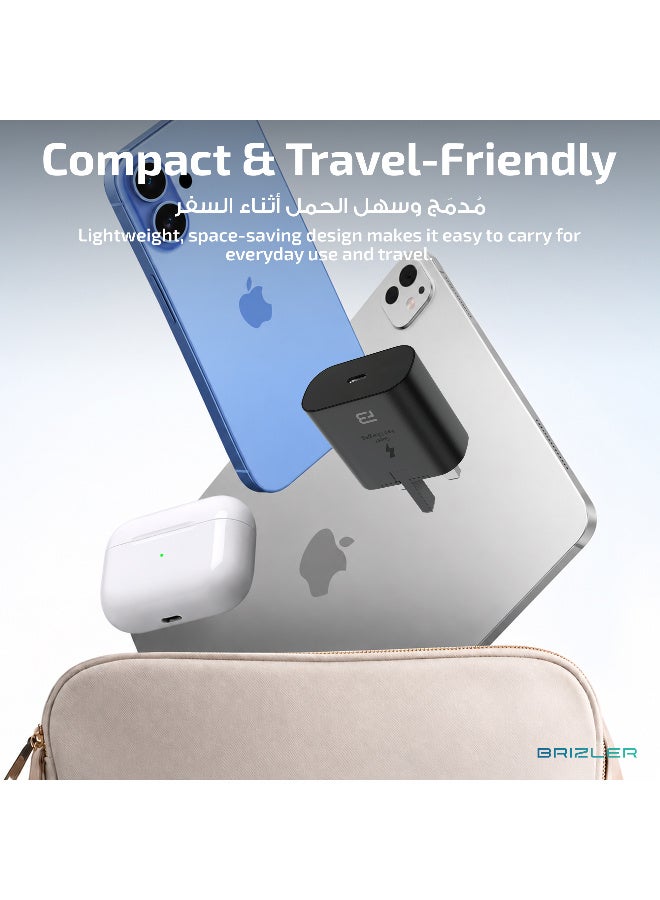 بريزلر شاحن سريع PD بقوة 25 واط مع كابل USB-C إلى USB-C، قابس حائط للشحن فائق السرعة لأجهزة سامسونج، آيفون، وأندرويد - ثلاثي الأطراف (بريطاني)، أسود - Image 4