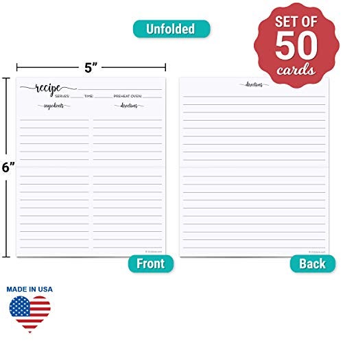 321Done Folding Recipe Cards - Set of 50, 6x5 folds to 3x5, Large Double-sided Rustic White Recipe Cards, Script Design for Bridal Shower & Wedding Gift, Made in USA - Image 2