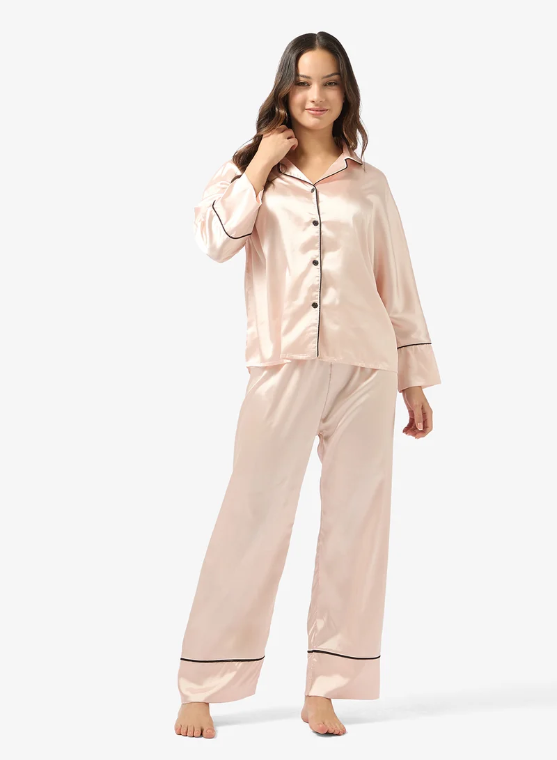 Ginger Satin Button Down Shirt & Pyjama Set