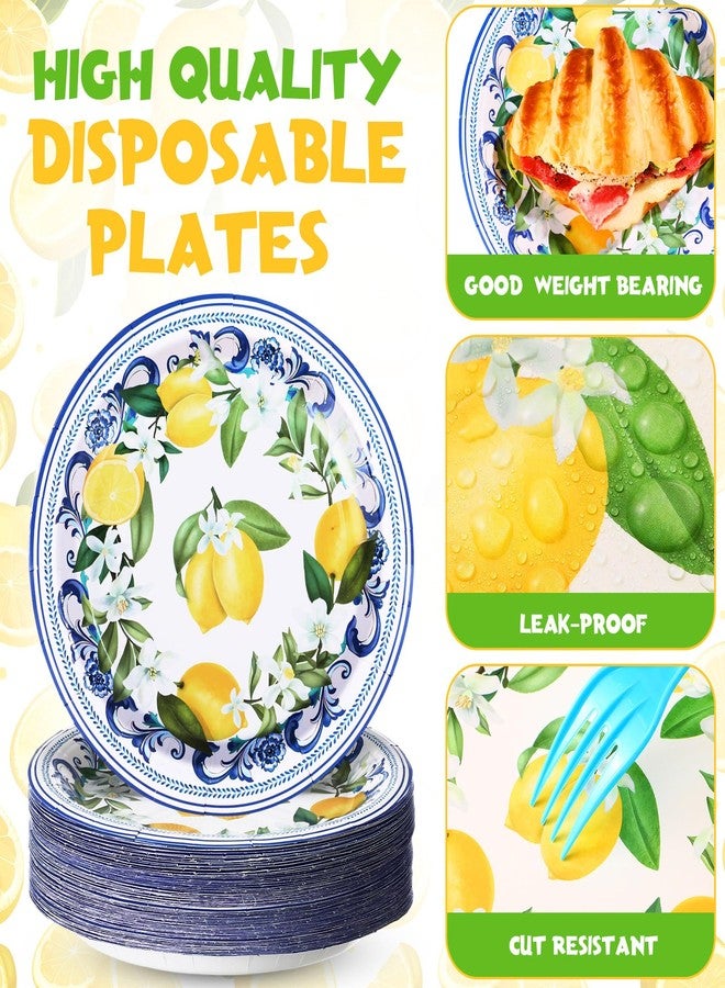 Potchen 100 Pack Capri Lemon Paper Plates Set 7 in Blue Tiles Yellow Disposable Plates Lemon Birthday Party Supplies Favor, Serve 100 Guest - Image 3